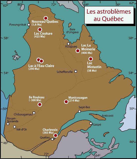 Localisation des lieux d’impact météoritique ou astroblèmes au Québec.