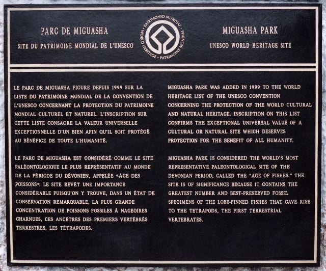 Plaque commemorating Miguasha’s status as World Heritage Site